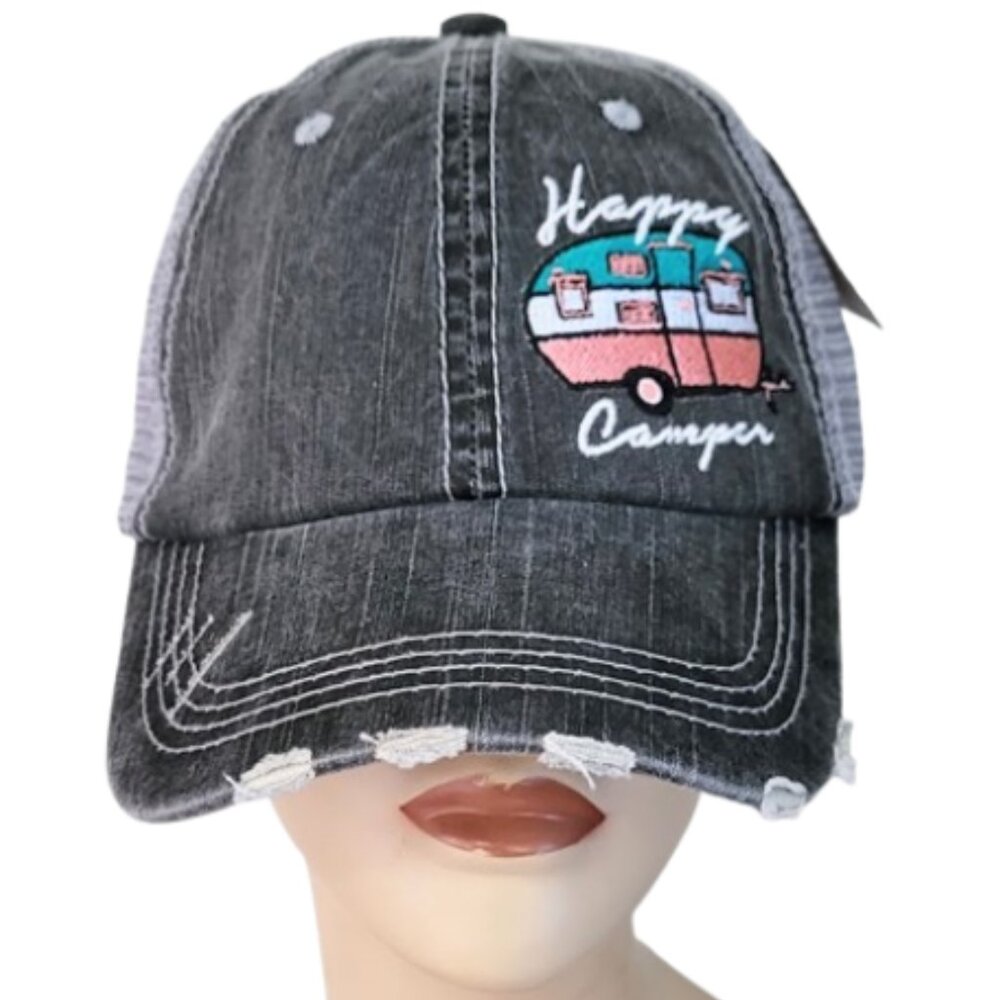 KATYDID "Happy Camper" Distressed Denim Hat - New With Tags Women's OS